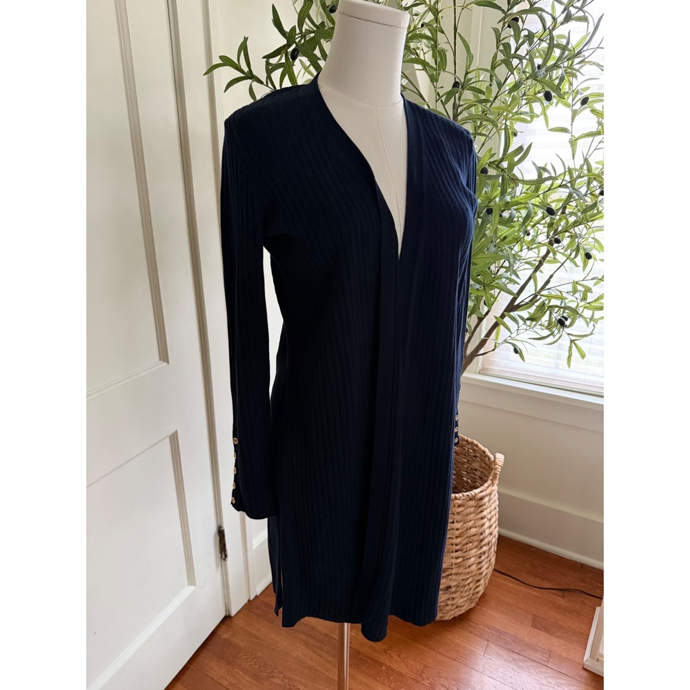 Talbots‎ Petites Navy Blue Ribbed Longline Cardigan Gold Button Cuff Sweater SP